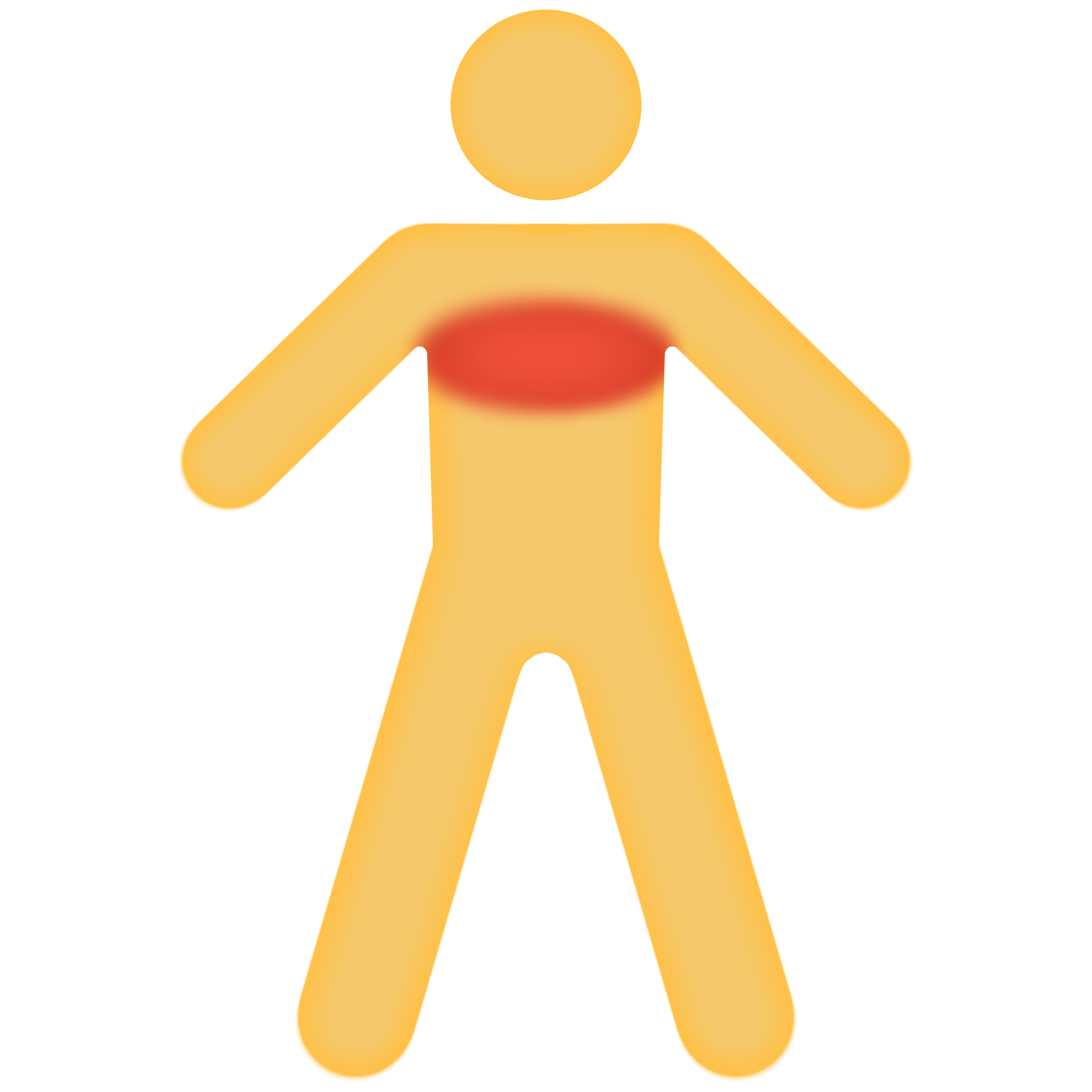 : A yellow-orange basic shaped person with a red horizontal oval over their chest.